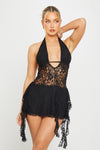 Black Sheer Lace Plunge Ruffle Halter Mini Dress