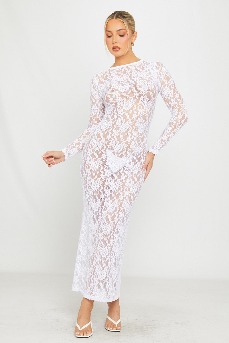 White Sheer Lace Long Sleeve Bodycon Maxi Dress