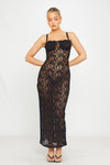 Black Sheer Lace Bustier Strappy Bodycon Maxi Dress