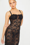 Black Sheer Lace Bustier Strappy Bodycon Maxi Dress