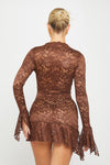 Brown Sheer Lace Plunge Flared Sleeve Mini Dress