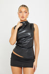 Black Faux Leather High Neck Asymmetric Top