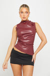 Wine Faux Leather High Neck Asymmetric Top