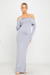 Grey Off Shoulder Fold Over Long Sleeve Maxi Dress