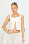 White Floral Embroidered Tie Front Top