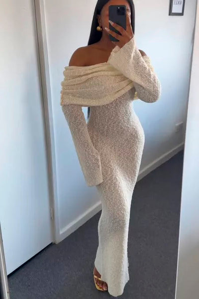 Ivory Knit Off Shoulder Boucle Maxi Dress | Nothingbutstyle