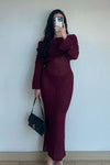 Plum Knit Off Shoulder Boucle Maxi Dress