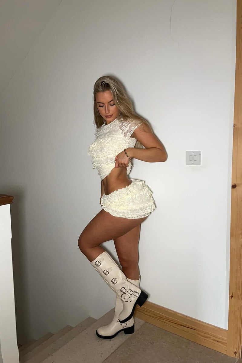 Cream Lace Frill Crop Top & Mini Skirt Co-Ord