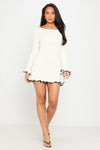 Cream Knitted Ruffle Hem Long Sleeve Mini Dress