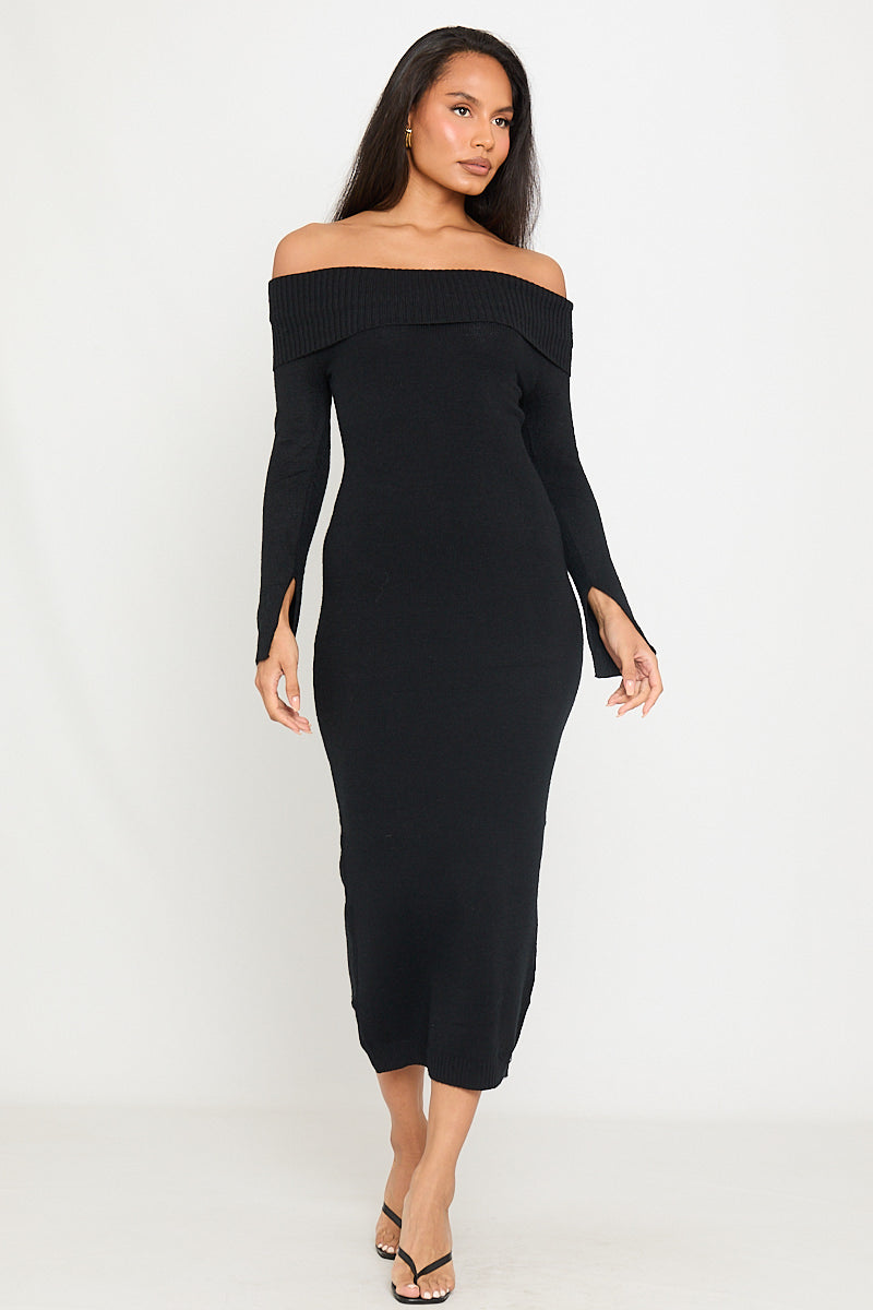 Black Knitted Off Shoulder Long Sleeve Maxi Dress