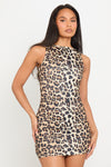 Leopard Print High Neck Sleeveless A-Line Mini Dress