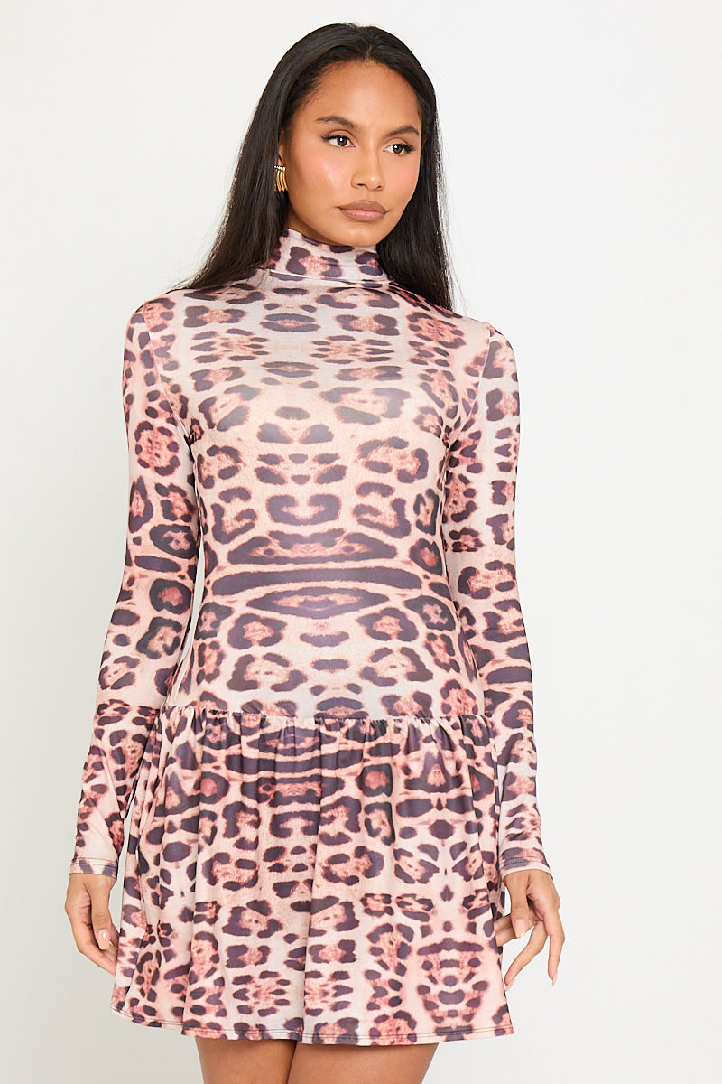 Leopard Print High Neck Long Sleeve Mini Dress