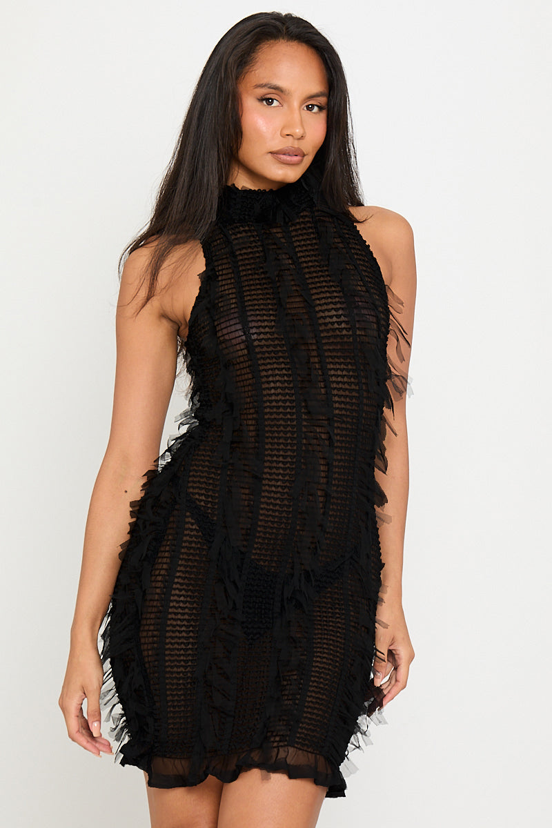 Black Sheer High Neck Shaggy Mini Dress