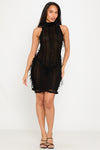 Black Sheer High Neck Shaggy Mini Dress