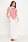 White & Red Sheer Shaggy Open Back Maxi Dress