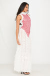 White & Red Sheer Shaggy Open Back Maxi Dress