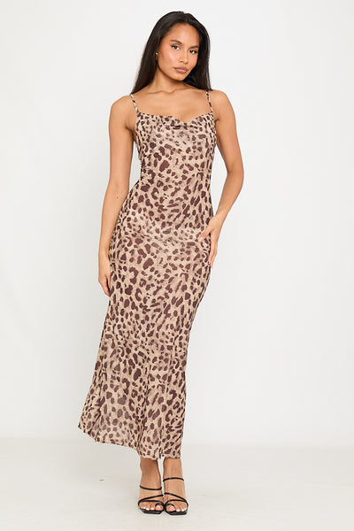tan strappy satin leopard print cowl midi dress Mohiass Women's Sleeveless Spaghetti Strap Satin Dress Cocktail Beach  Evening Party Cowl Neck Dot Leopard Midi Dresses Khaki M