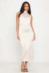 Champagne Satin High Neck Open Back Maxi Dress