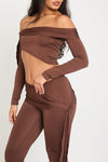 Chocolate Off Shoulder Top & Flared Leggings Co-Ord