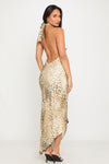 Leopard Print High Neck Open Back Maxi Dress