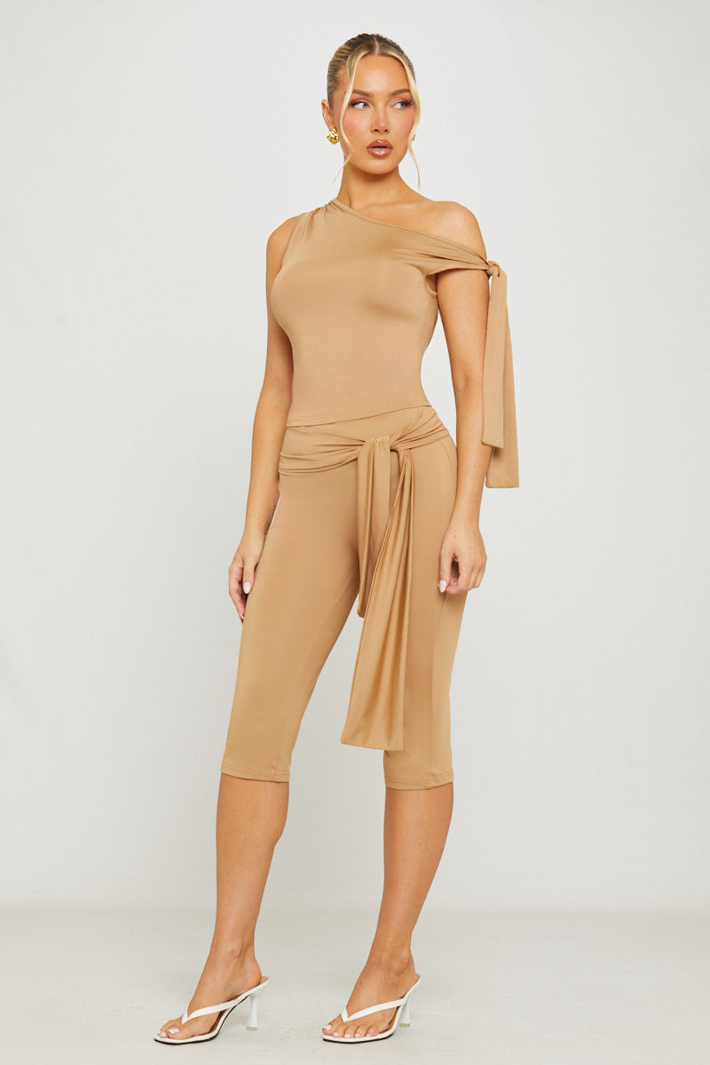 Taupe One Shoulder Knot Detail Top & Capri Pants Co-Ord