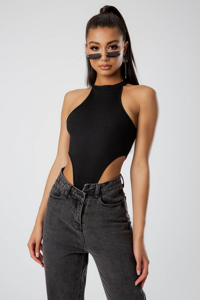 Black Ribbed Extreme High Leg Bodysuit