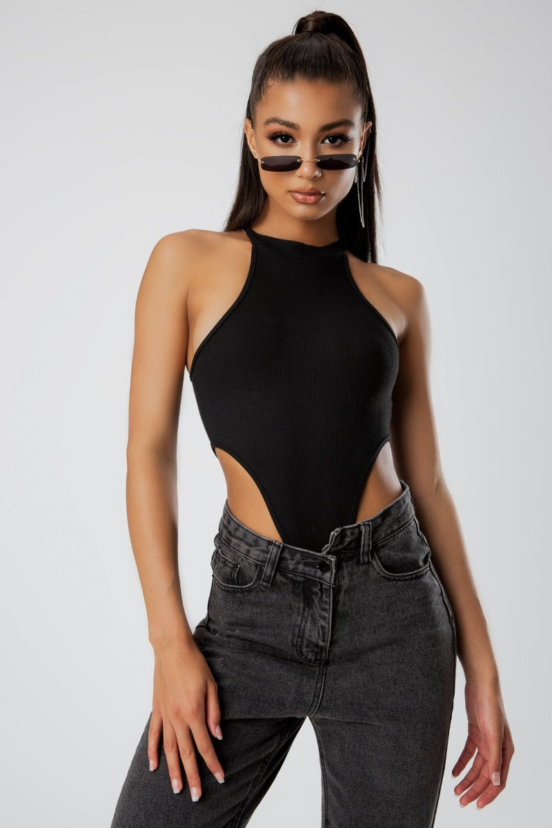 Black Ribbed Extreme High Leg Bodysuit