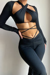 Black Slinky Cut Out Detail Tie Back Halter Crop Top