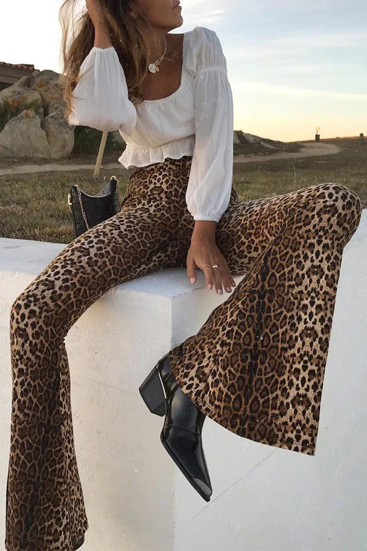 Leopard Print High Waisted Wide Leg Flare Trousers